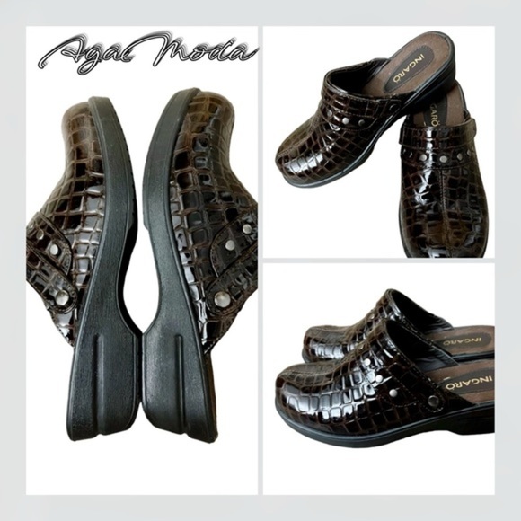 Ingaro Dark Brown Faux Crock Leather Clogs - Picture 1 of 14